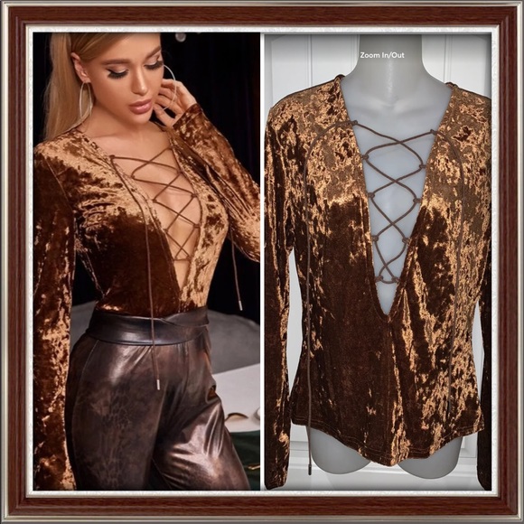 SHEIN Tops - Brown Velvet Lace-Up Front Top